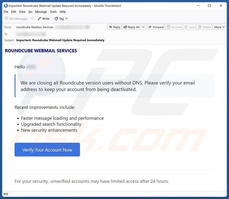 Email Account Failure Notice email spam campaign