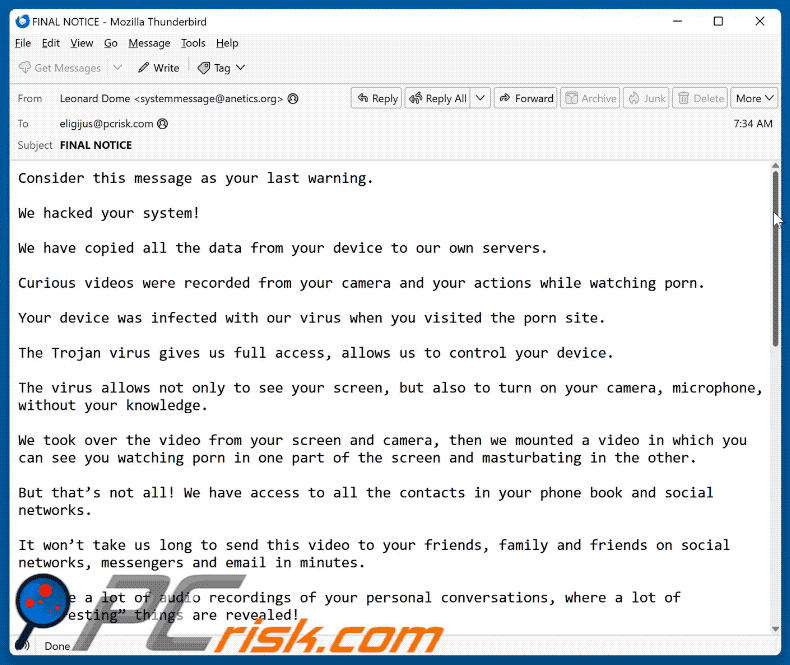 Consider This Message As Your Last Warning scam email appearance