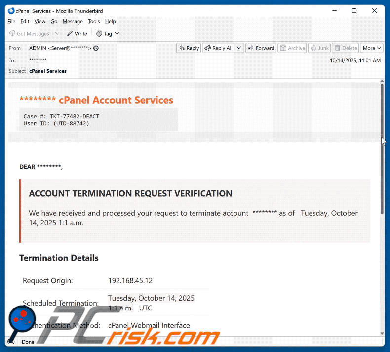 cPanel - Account Termination Request Verification Email Scam appearance