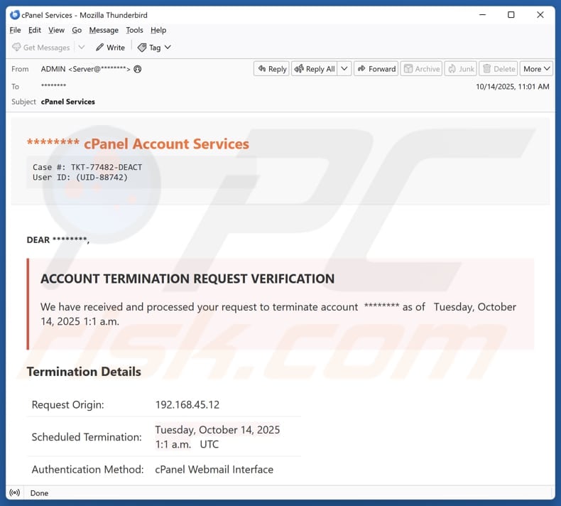 Email Account Failure Notice email spam campaign