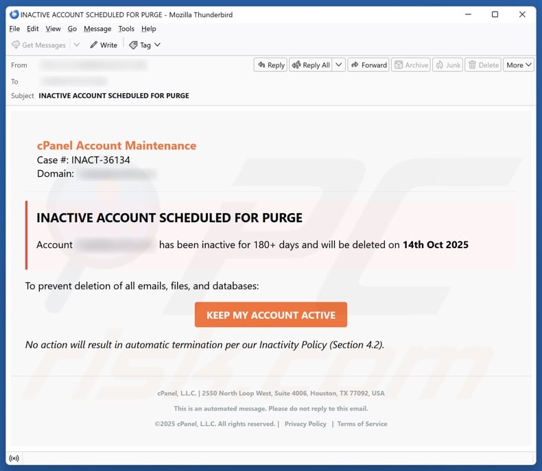 cPanel - Inactive Account Scheduled For Purge email spam campaign