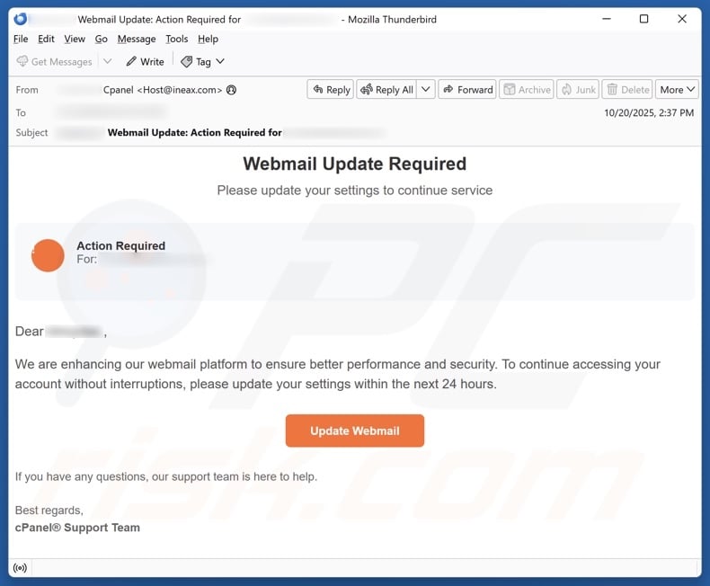cPanel - Webmail Update Required email spam campaign