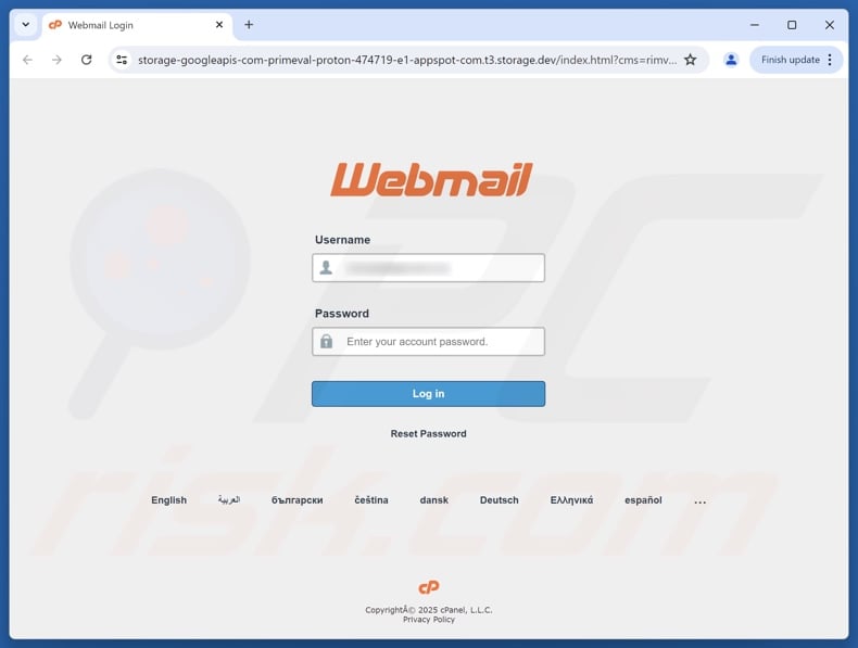 cPanel - Webmail Update Required scam email promoted phishing site