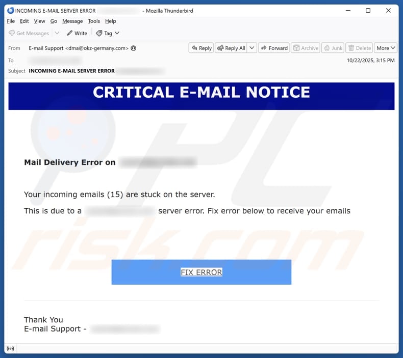 Email Account Failure Notice email spam campaign