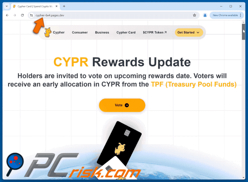 Appearance of the fake Cypher ($CYPR) Vote Rewards website (GIF)