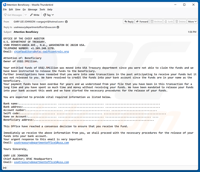 Department Of Treasury - Compensation Funds email scam (2025-10-07)