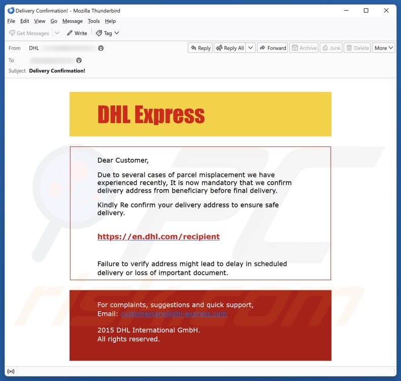 DHL Express Parcel Misplacement email spam campaign