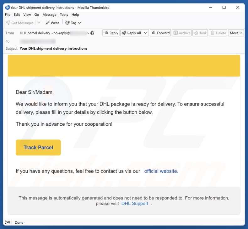 DHL Package Is Ready For Delivery email spam campaign