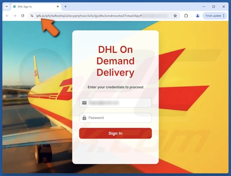 DHL Package Is Ready For Delivery scam email promoted phishing site