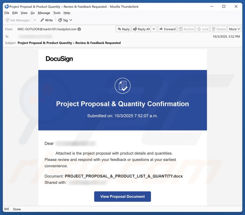 DocuSign - Project Proposal & Quantity Confirmation email spam campaign