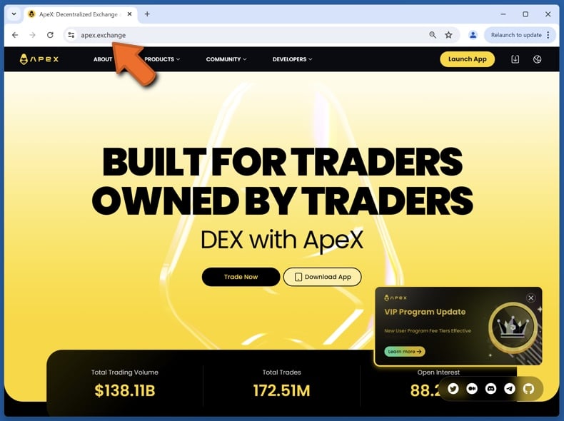 Appearance of the real ApeX Protocol website (apex.exchange)
