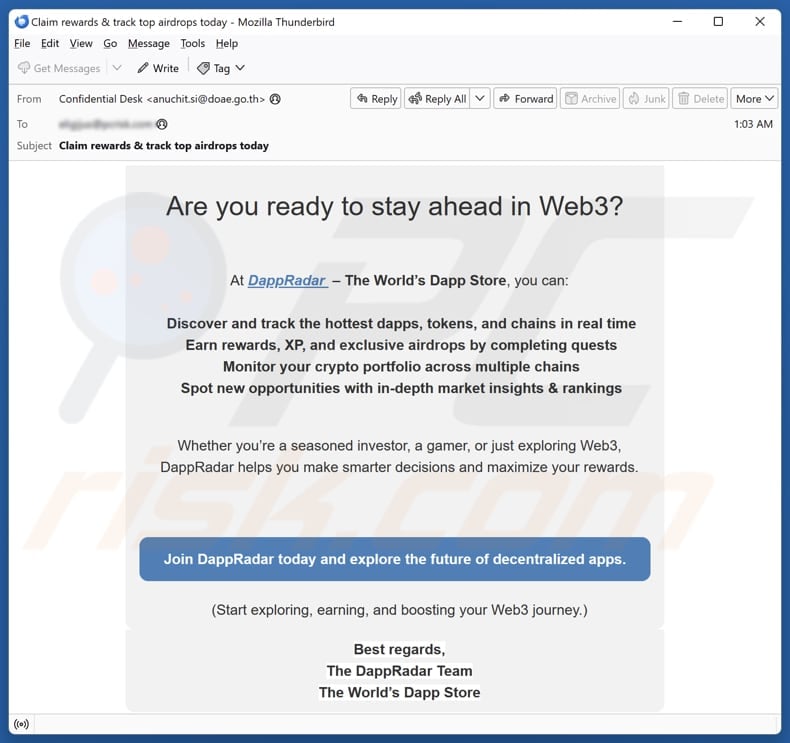 Fake DappRadar website scam promoting email