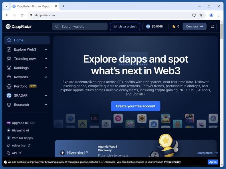 Fake DappRadar website scam real website (dappradar.com)
