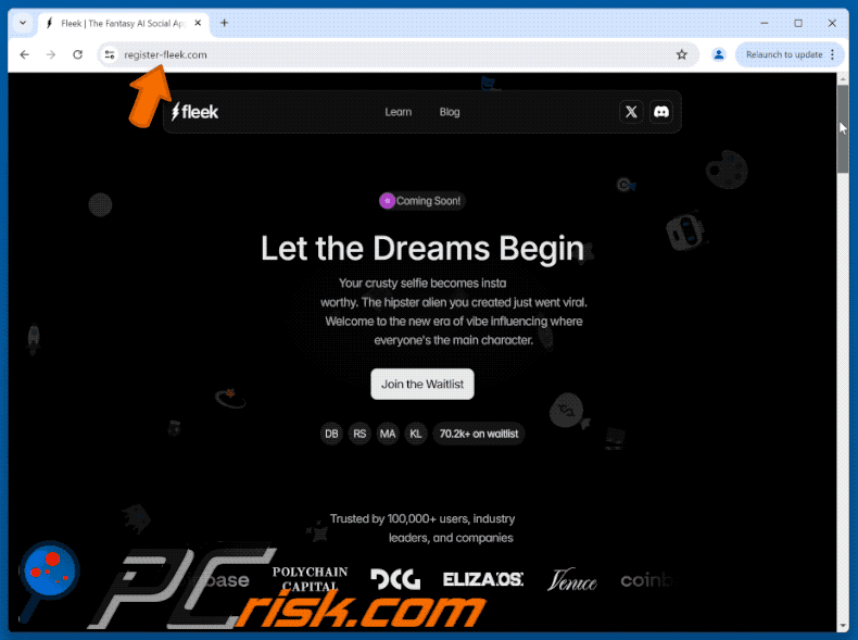 Appearance of the fake Fleek website (GIF)