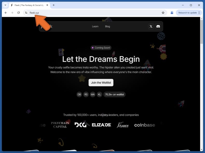 Appearance of the real Fleek website (fleek.xyz)