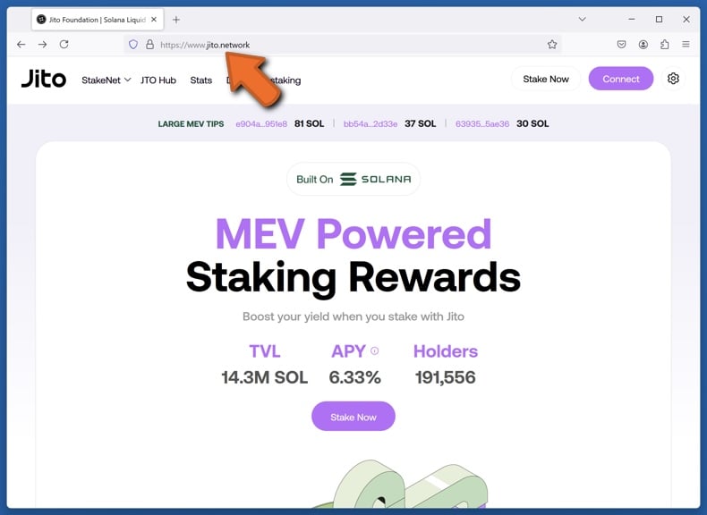 Appearance of the real Jito Network website (jito.network)