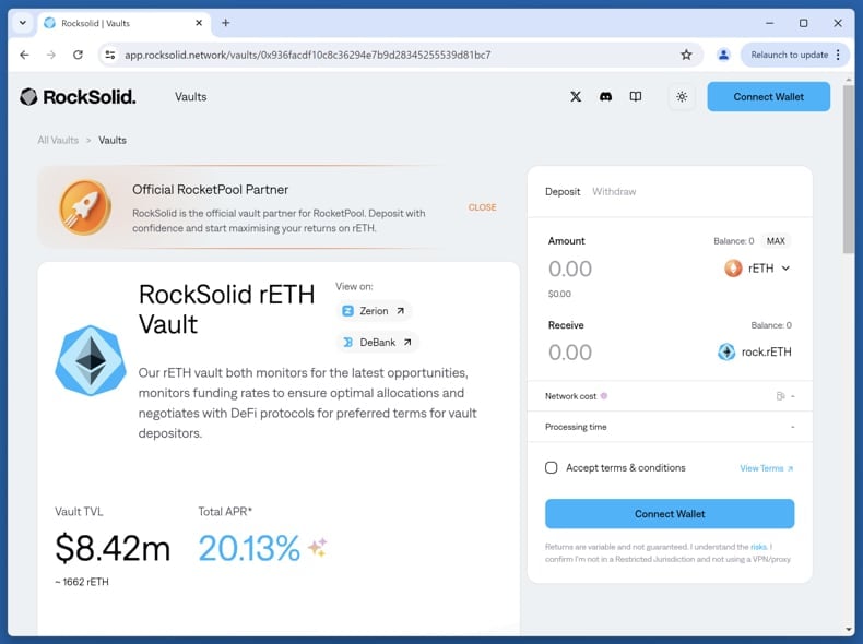 Fake RockSolid rETH Vault Scam real page (app.rocksolid.network)