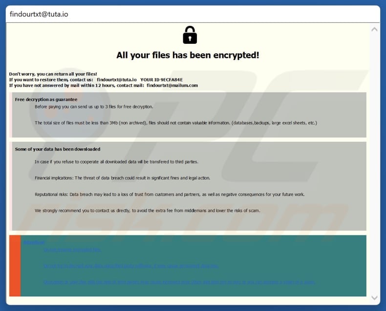 FIND ransomware ransom note (pop-up window)