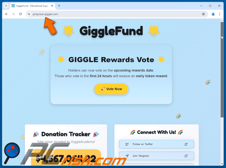 Appearance of the fake Giggle Fund ($GIGGLE) Vote Rewards website (GIF)