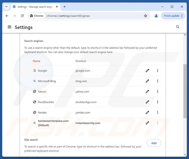 Removing homesearcherplace[.]com from Google Chrome default search engine