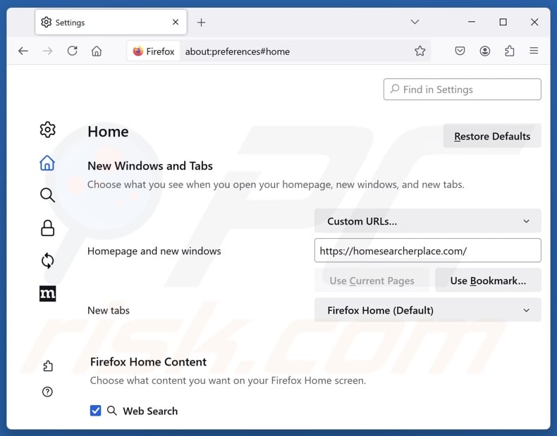 Removing homesearcherplace[.]com from Mozilla Firefox homepage