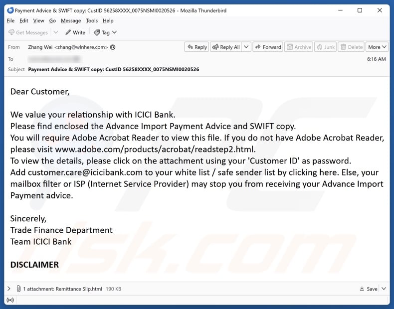 ICICI Bank - Payment Advice And Swift Copy email spam campaign