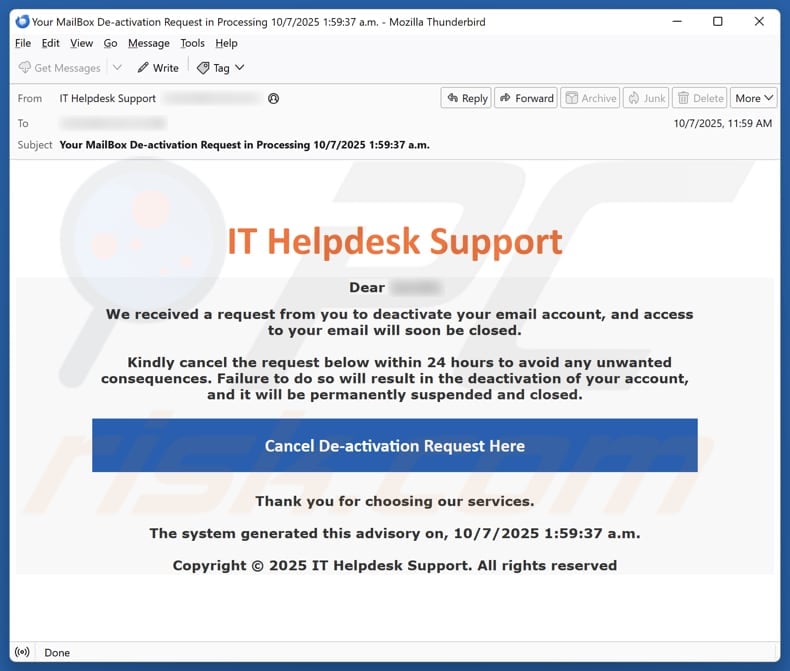 Email Account Failure Notice email spam campaign