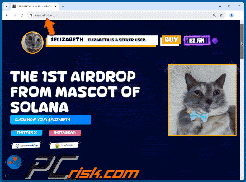 Appearance of Just Elizabeth Cat ($ELIZABETH) Airdrop scam