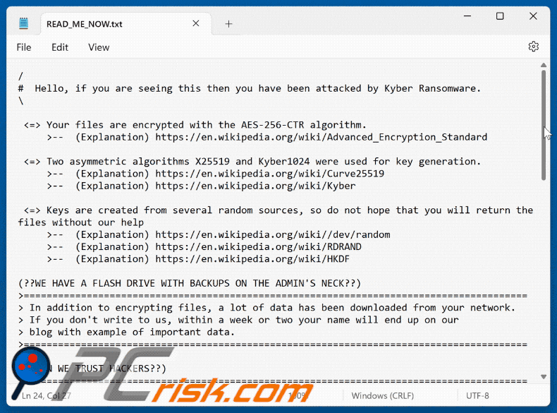 Kyber ransomware ransom note (READ_ME_NOW.txt)