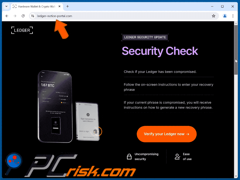 Appearance of Ledger Security Check scam