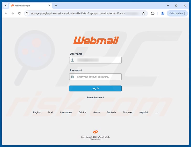 Phishing site promoted via Mail Server Update email scam (2025-10-08)