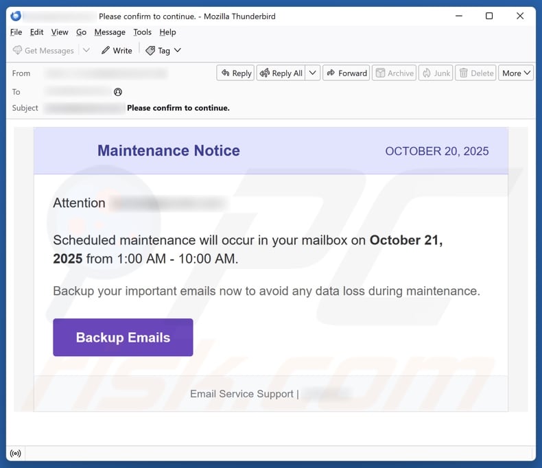 Maintenance Notice email spam campaign