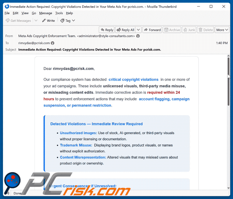 Meta Ads Critical Copyright Violations scam appearance