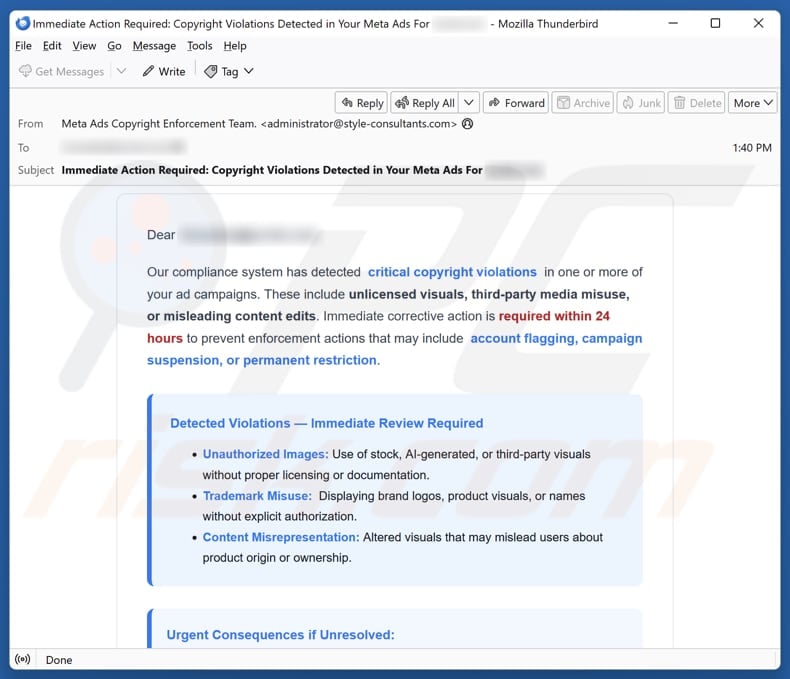 Email Account Failure Notice email spam campaign