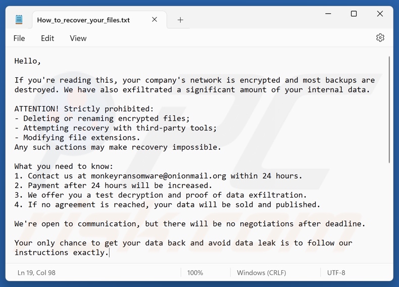 Monkey ransomware ransom note (How_to_recover_your_files.txt)
