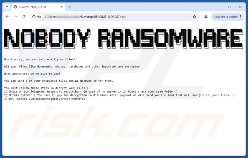 Nobody ransomware text file (README-NOBODY.txt)