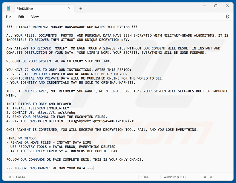 Nobody ransomware note (README.txt)