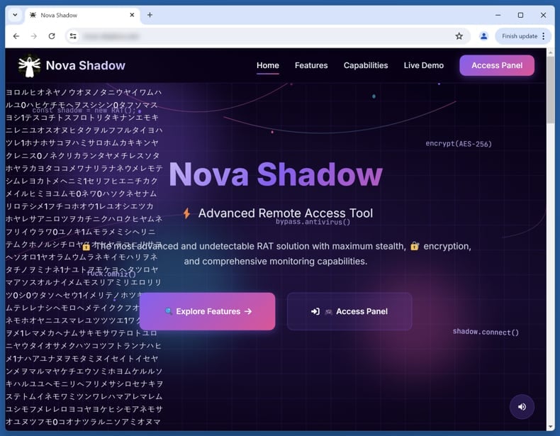 NovaShadow stealer promoting site 1