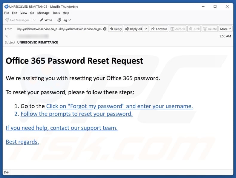 Office 365 Password Reset Request email spam campaign