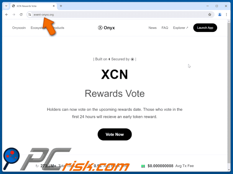 Appearance of Onyx Vote Rewards scam