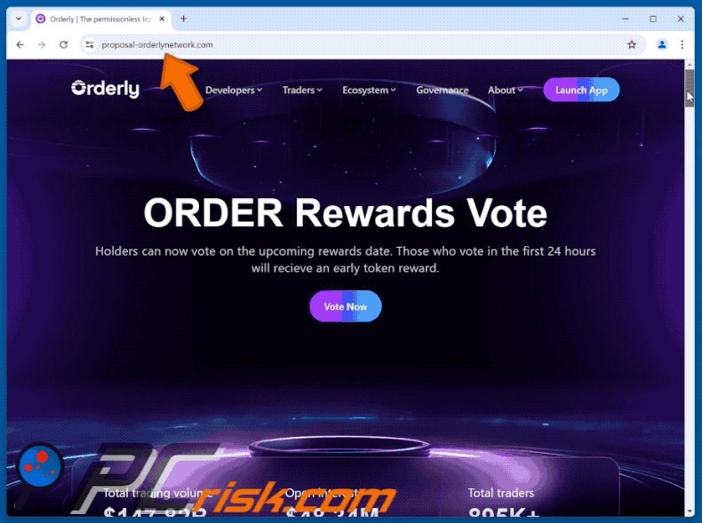 Appearance of the fake Orderly ($ORDER) Vote Rewards website (GIF)