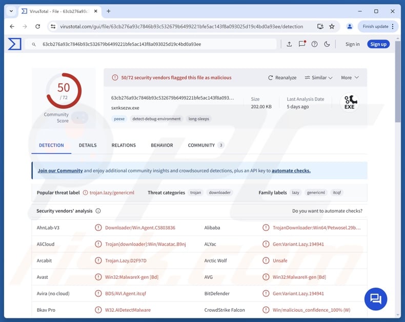 Oyster malware detections on VirusTotal