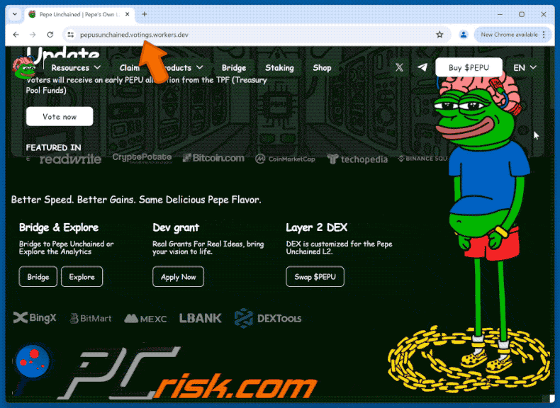Appearance of Pepe Unchained ($PEPU) Vote Rewards scam