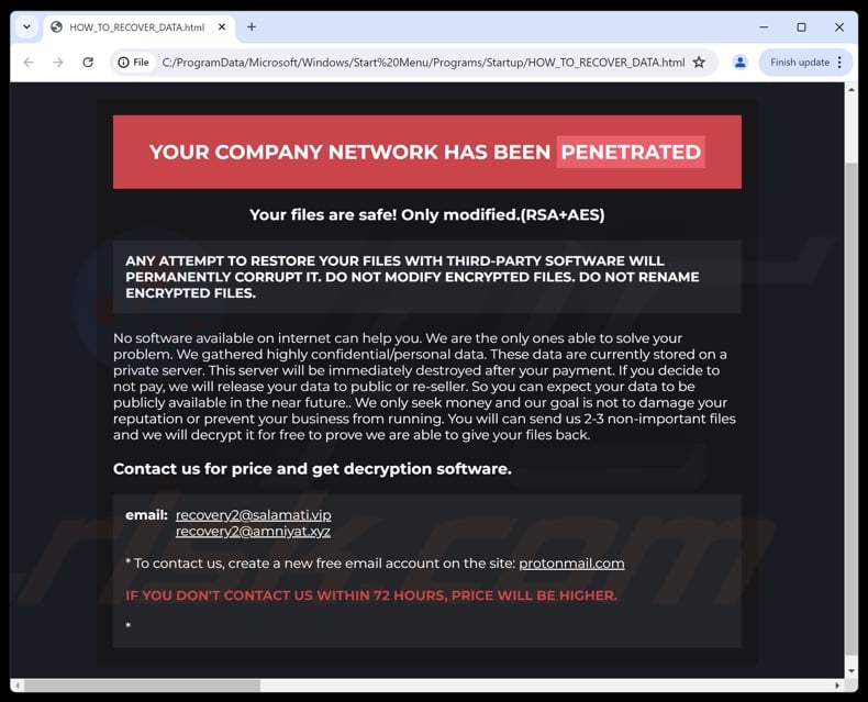 Prey ransomware ransom note (HOW_TO_RECOVER_DATA.html)