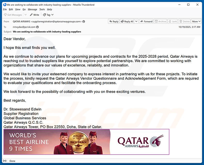 Qatar Airways email scam (2025-10-22)