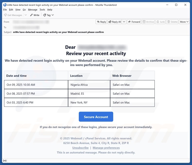 Review Your Recent Activity email spam campaign