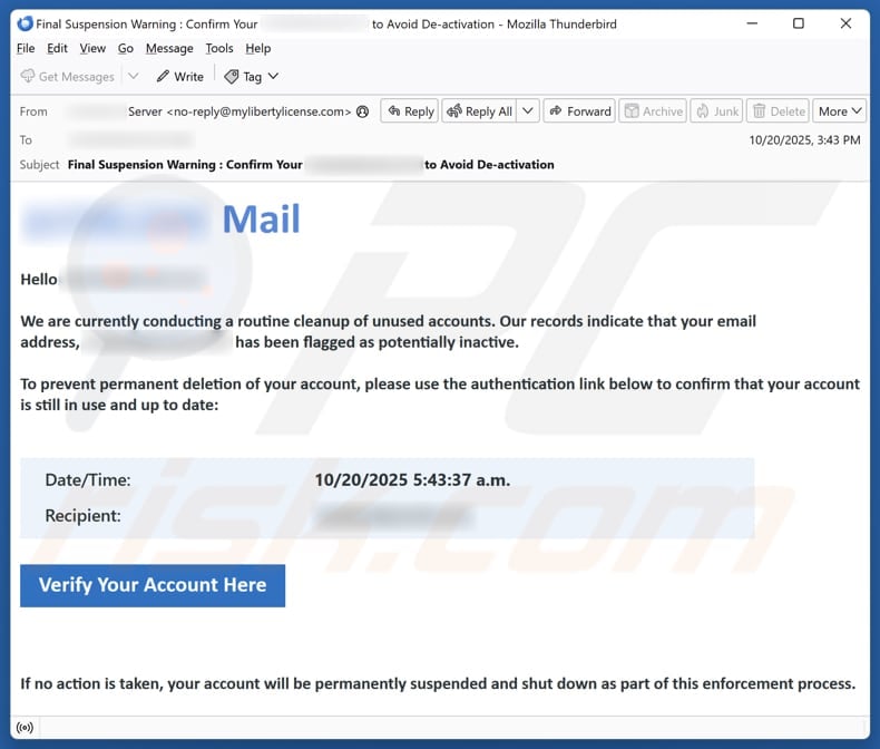 Email Account Failure Notice email spam campaign