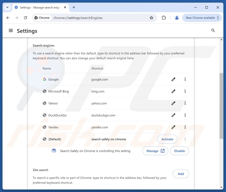 Removing search.safelyonsearch.com from Google Chrome default search engine