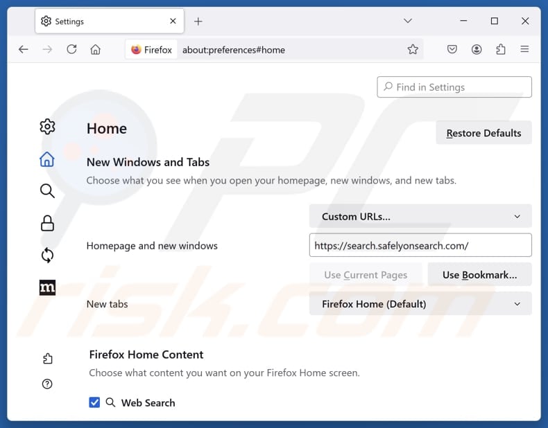 Removing search.safelyonsearch.com from Mozilla Firefox homepage