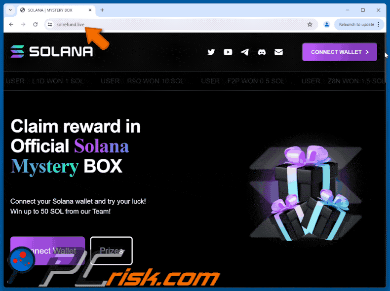 Appearance of Solana Mystery Box Reward scam